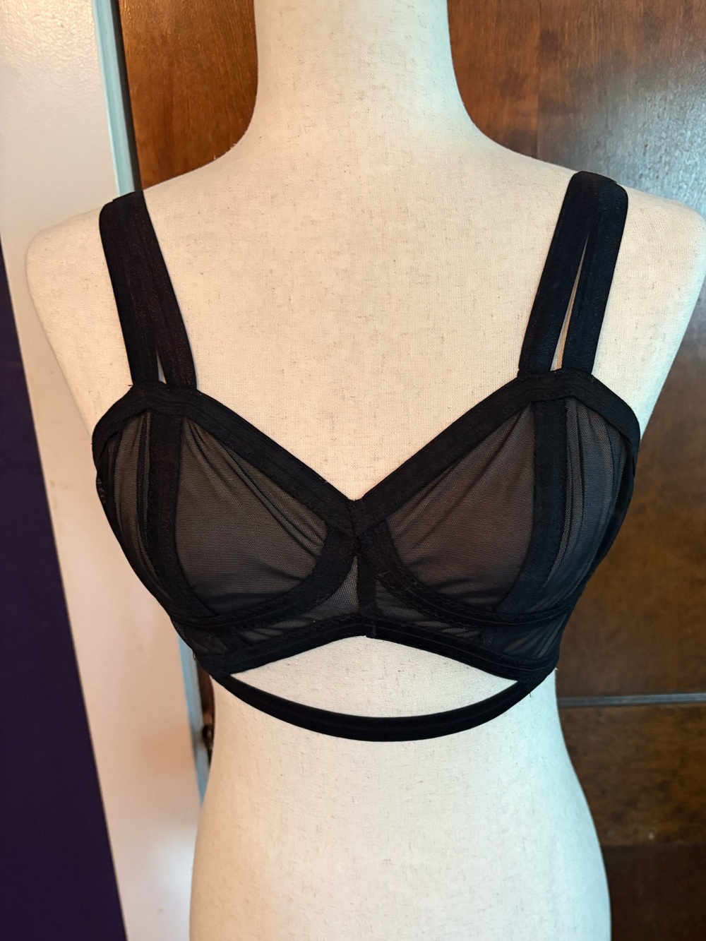 CantiqLA Handmade Vintage Soft Cup Bralette in Black Mesh - Size Small